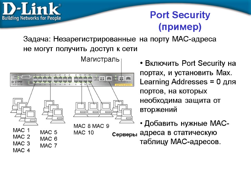 MAC 1 MAC 2 MAC 3 MAC 4  Включить Port Security на портах,